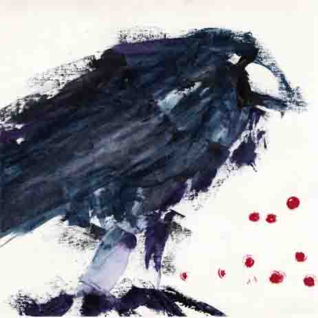 A painting of a crow with a characterful stance.