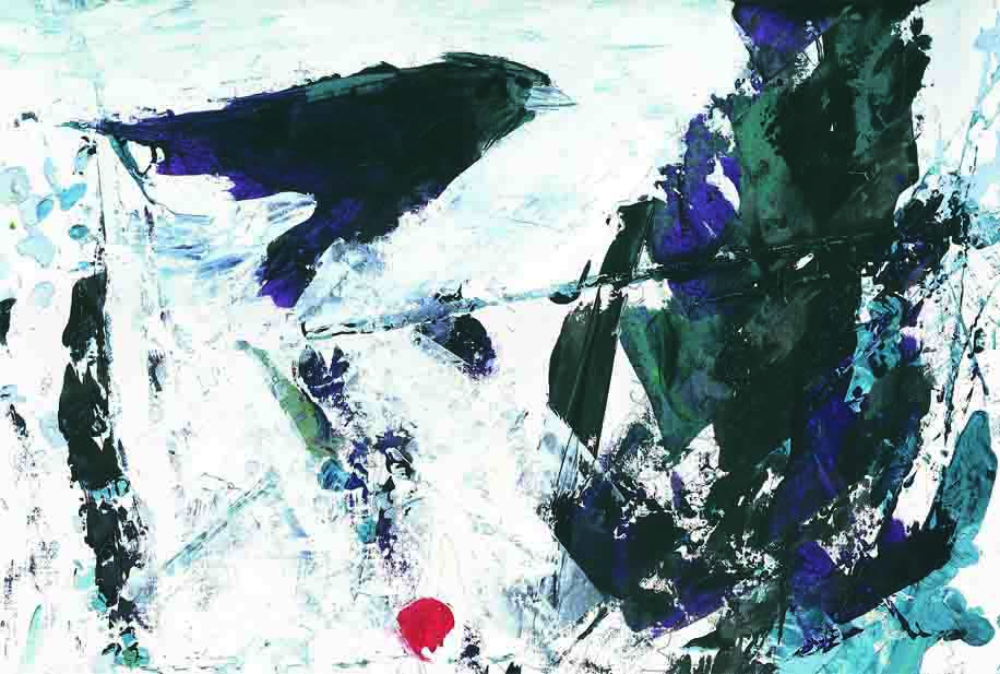 An acrylic paining of a crow in flight.